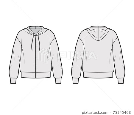Zip-up Hoody sweatshirt technical fashion illustration with long sleeves, oversized body, banded hem, cuff. Flat large 75345468
