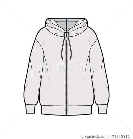Zip-up Hoody sweatshirt technical fashion illustration with long sleeves, oversized body, banded hem, drawstring. Flat Zip-up Hoody sweatshirt technical fashion illustration with long sleeves, oversized body, banded hem, drawstring. Flat 75345511