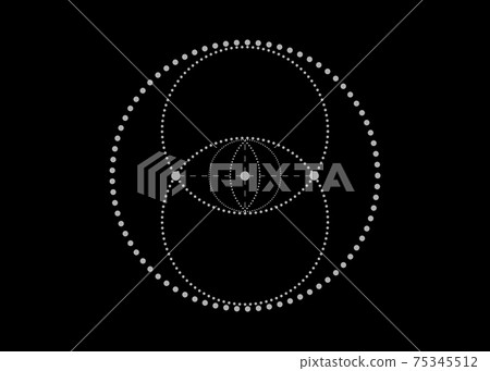 Vesica piscis Sacred geometry. All Seeing eye, the third eye or The Eye of Providence inside dotted circles. The eye of Phi mystic heaven and earth vector illustration isolated on black background 75345512