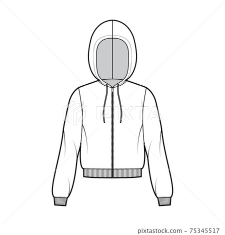 Zip-up Hoody sweatshirt technical fashion illustration with long sleeves, relax body, rib cuff, banded hem, drawstring 75345517