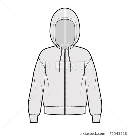 Zip-up Hoody sweatshirt technical fashion illustration with long sleeves, oversized body, cuff, drawstring. Flat apparel 75345518