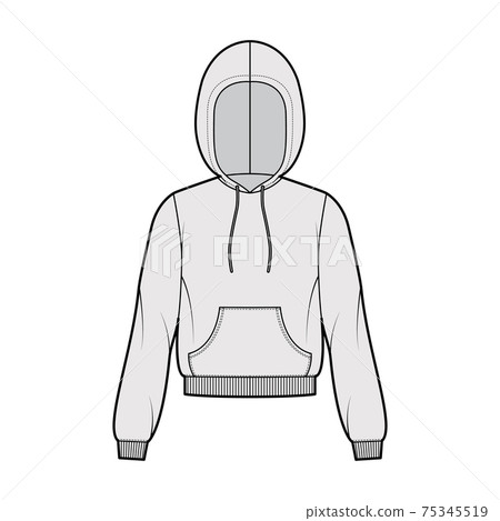 Hoody sweatshirt technical fashion illustration with long sleeves, relax body, kangaroo pouch, knit rib cuff, banded hem 75345519