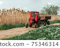 Old red tractor on the agricultural field 75346314