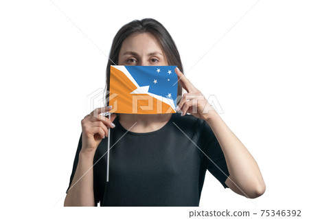 Happy young white woman holding flag Argentine Antarctica flag and covers her face with it isolated on a white background Happy young white woman holding flag Argentine Antarctica flag and covers her face with it isolated on a white background 75346392