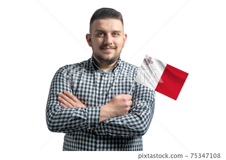 White guy holding a flag of Malta smiling confident with crossed arms isolated on a white background White guy holding a flag of Malta smiling confident with crossed arms isolated on a white background 75347108