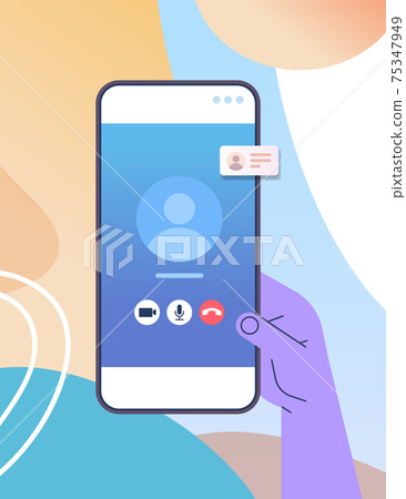 human hand using mobile app for virtual conference meeting video call on smartphone screen vertical 75347949