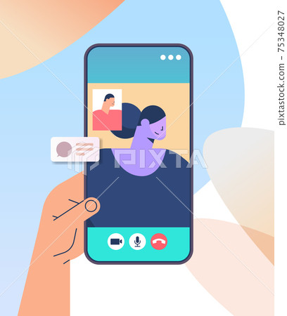 hand using mobile app for virtual conference meeting friends discussing during video call on smartphone screen hand using mobile app for virtual conference meeting friends discussing during video call on smartphone screen 75348027