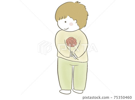 A shy boy holding a carnation and looking back A shy boy holding a carnation and looking back 75350460