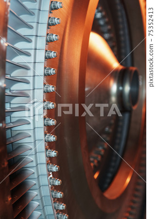 A rotor disc with blades of a turbojet gas turbine engine, inside view. A rotor disc with blades of a turbojet gas turbine engine, inside view. 75352413