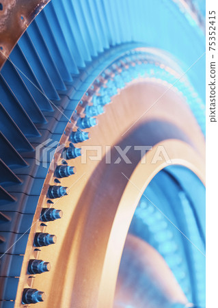 A rotor disc with blades of a turbojet gas turbine engine, inside view. A rotor disc with blades of a turbojet gas turbine engine, inside view. 75352415