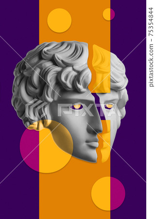 Collage with sculpture of human face in a pop art style. Modern creative concept image with ancient statue head. Zine culture. Contemporary art poster. Funky punk minimalism. Retro surreal design. Collage with sculpture of human face in a pop art style. Modern creative concept image with ancient statue head. Zine culture. Contemporary art poster. Funky punk minimalism. Retro surreal design. 75354844