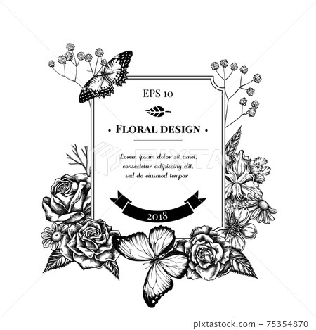 Badge design with black and white iris japonica, gypsophila, chamomile, almond, menelaus blue morpho 75354870