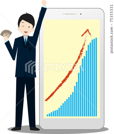 Bar graph rising to the right, smartphones and businessmen Bar graph rising to the right, smartphones and businessmen 75355331