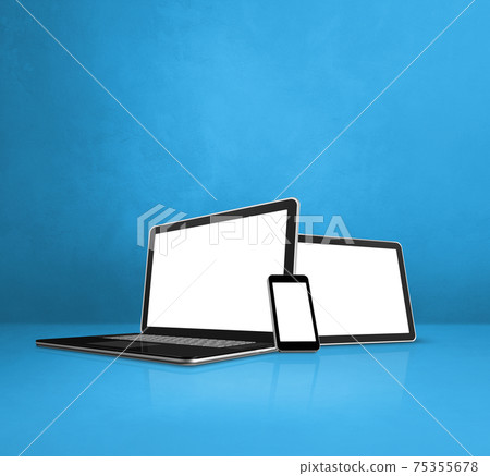 Laptop, mobile phone and digital tablet pc on blue office desk 75355678