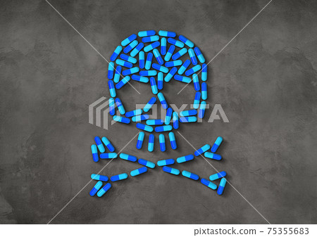 Skull made of blue capsule pills. Dark concrete background 75355683