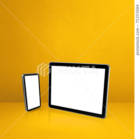 Mobile phone and digital tablet pc on yellow office desk Mobile phone and digital tablet pc on yellow office desk 75355684