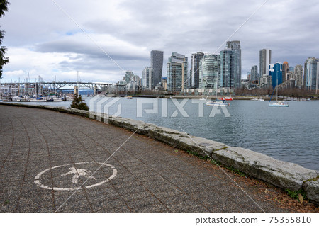 Vancouver marina, False Creek seen from Charleson Park. Vancouver buildings skyline in the background. Vancouver marina, False Creek seen from Charleson Park. Vancouver buildings skyline in the background. 75355810