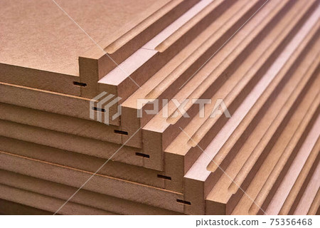 Joinery. MDF bookshelves. Production of wood furniture. Furniture manufacture. Close-up 75356468