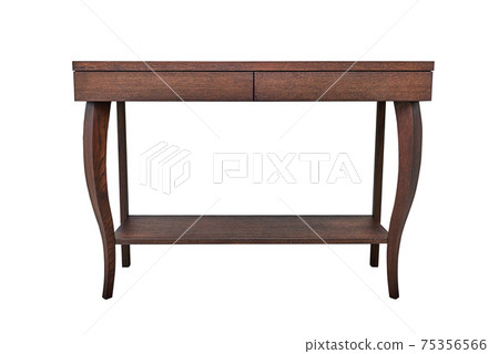 Wooden console table with curved legs and lower shelf on a white background Wooden console table with curved legs and lower shelf on a white background 75356566