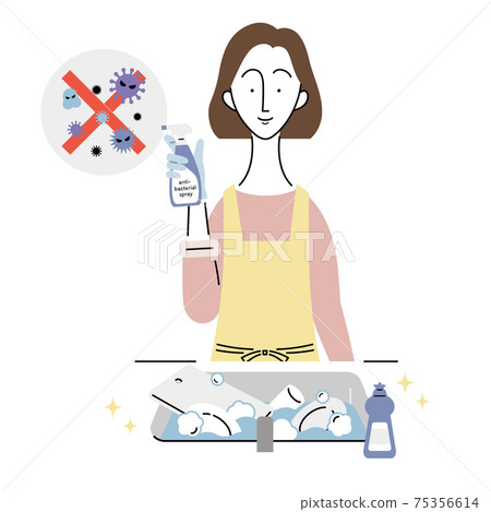 A woman who puts dishes on and disinfects 75356614
