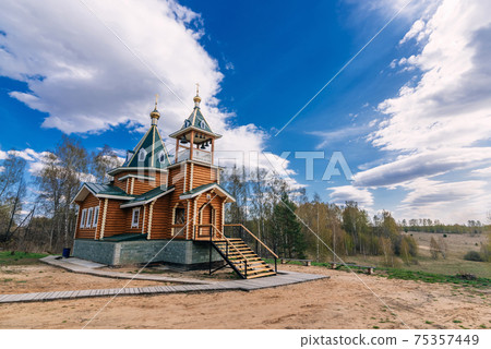 modern rural wooden Church of the Christian Orthodox religion in Russia 75357449