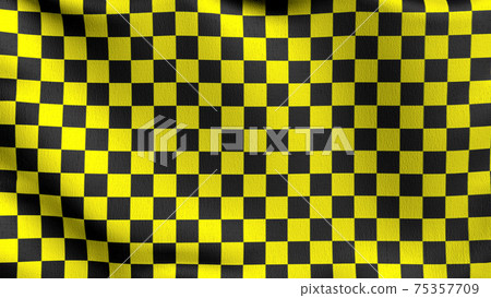 Checkered flag. Black and yellow square color. 3D rendering illustration of waving sign. illusion pattern background. 75357709
