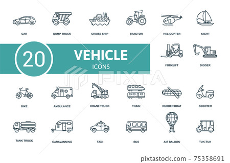 Vehicle icon set. Contains editable icons vehicle theme such as dump truck, tractor, yacht and more. Vehicle icon set. Contains editable icons vehicle theme such as dump truck, tractor, yacht and more. 75358691