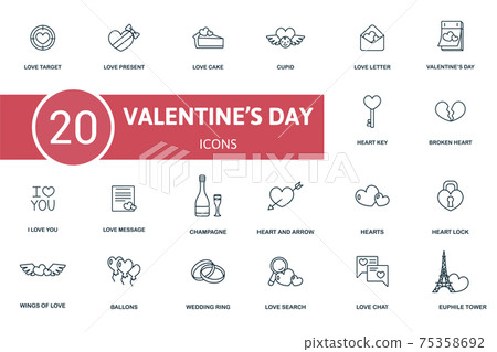 Valentines Day icon set. Contains editable icons valentines day theme such as love present, cupid, valentine's day and more. Valentines Day icon set. Contains editable icons valentines day theme such as love present, cupid, valentine's day and more. 75358692