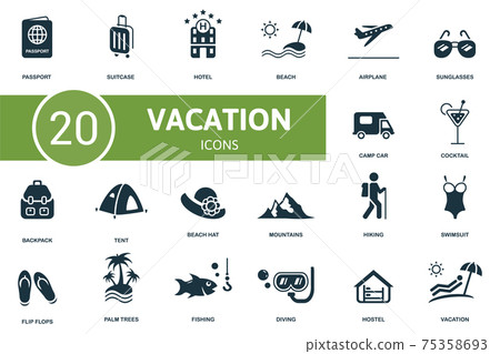 Vacation icon set. Contains editable icons vacation theme such as suitcase, beach, sunglasses and more. 75358693
