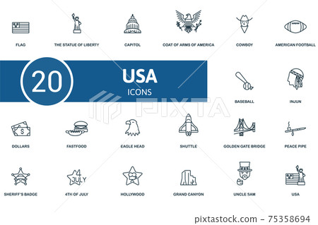 Usa icon set. Contains editable icons usa theme such as the statue of liberty, coat of arms of america, american football and more. 75358694