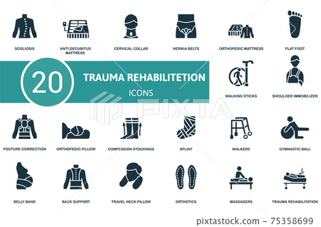 Trauma Rehabilitation icon set. Contains editable icons trauma rehabilitation theme such as anti decubitus mattress, hernia belts, flat foot and more. 75358699