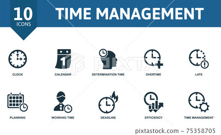 Time Management icon set. Contains editable icons time management theme such as calendar, overtime, planning and more. 75358705