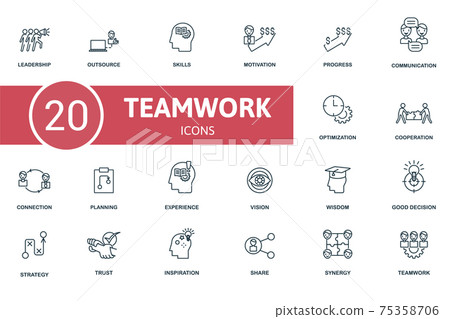 Teamwork icon set. Contains editable icons teamwork theme such as outsource, motivation, communication and more. 75358706