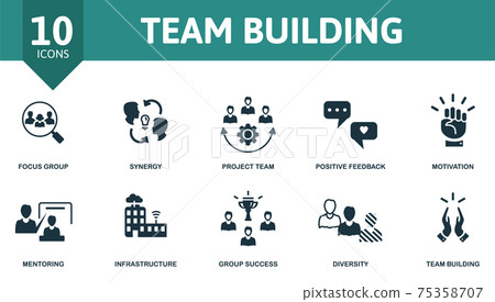 Team Building icon set. Contains editable icons team building theme such as synergy, positive feedback, mentoring and more. 75358707