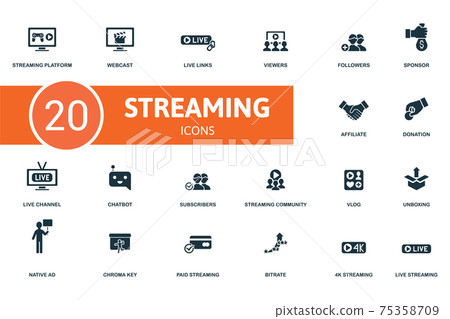 Streaming icon set. Contains editable icons streaming theme such as webcast, viewers, sponsor and more. 75358709