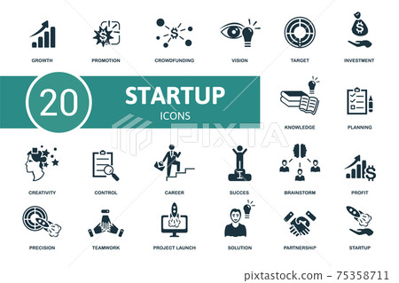 Startup icon set. Contains editable icons startup theme such as promotion, vision, investment and more. Startup icon set. Contains editable icons startup theme such as promotion, vision, investment and more. 75358711