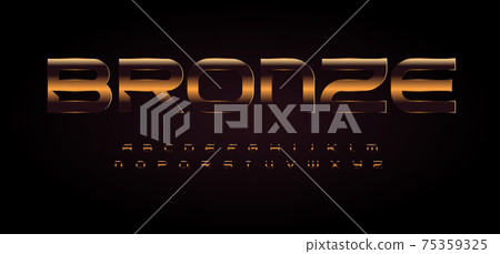 Bold wide font with dark bronze texture on black background. Golden alphabet for title and headline. Vector typography design with glossy metal surface 75359325