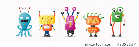 Set of cute vector robot characters for kids. 4 funny vintage style robotics Set of cute vector robot characters for kids. 4 funny vintage style robotics 75359537