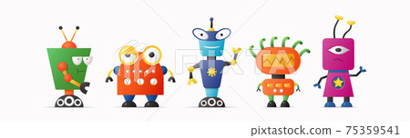 Set of cute vector robot characters for kids. Funny vintage style robotics Set of cute vector robot characters for kids. Funny vintage style robotics 75359541