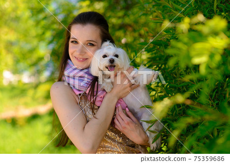 Puppy white dog with it's owner. Concept about friendship, animal and freedom. Puppy white dog with it's owner. Concept about friendship, animal and freedom. 75359686