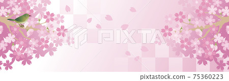 Banner frame White-eye Sakura Sakura Bird Spring Flower Copy space Japanese pattern Checkered pattern Illustration material 75360223