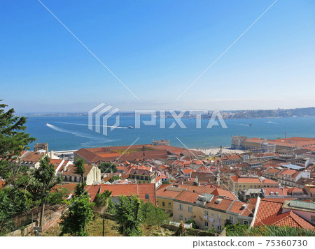 Praça do Comercio and Tagus overlooking Castelo de S. Jorge, Lisbon, Portugal 75360730