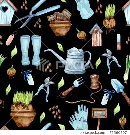 Watercolor seamless pattern of garden tool anf potted plants. Gardening background 75360807