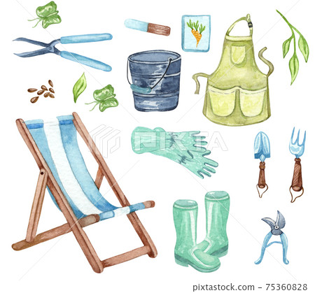 Watercolor set of garden objects apron, rubber boots, watering basket, flowerpot, sun chair. Gardening tools. Spring garden illustration 75360828