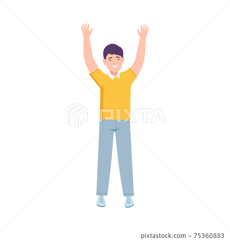 Excited Man Up with Hands Cheering About Something Vector Illustration 75360883