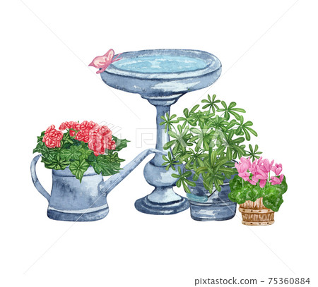 Watercolor set of garden objects bird feeder, watering can, flowerpot, flowers. Gardening tools. Spring garden illustration 75360884