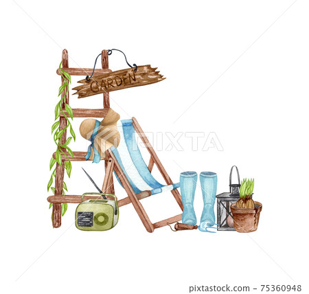 Watercolor set of garden objects ladder, rubber boots, watering can, flowerpot, sun chair, radio. Gardening tools. Spring garden illustration. Watercolor set of garden objects ladder, rubber boots, watering can, flowerpot, sun chair, radio. Gardening tools. Spring garden illustration. 75360948