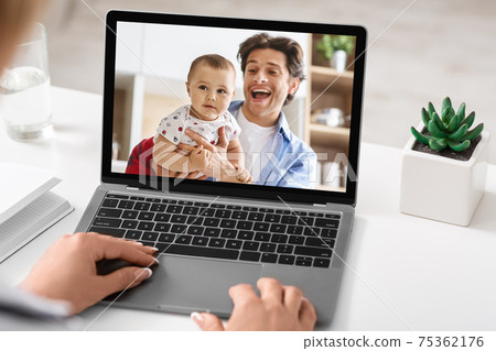 Video call to mother to work from home, modern communication and gadget during social distancing 75362176