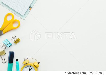 Paper clip, clock, pen, scissors on white background. Work and education concept 75362786