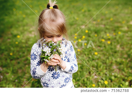 Little girl sniffing spring flowers on green lawn in the garden 75362788